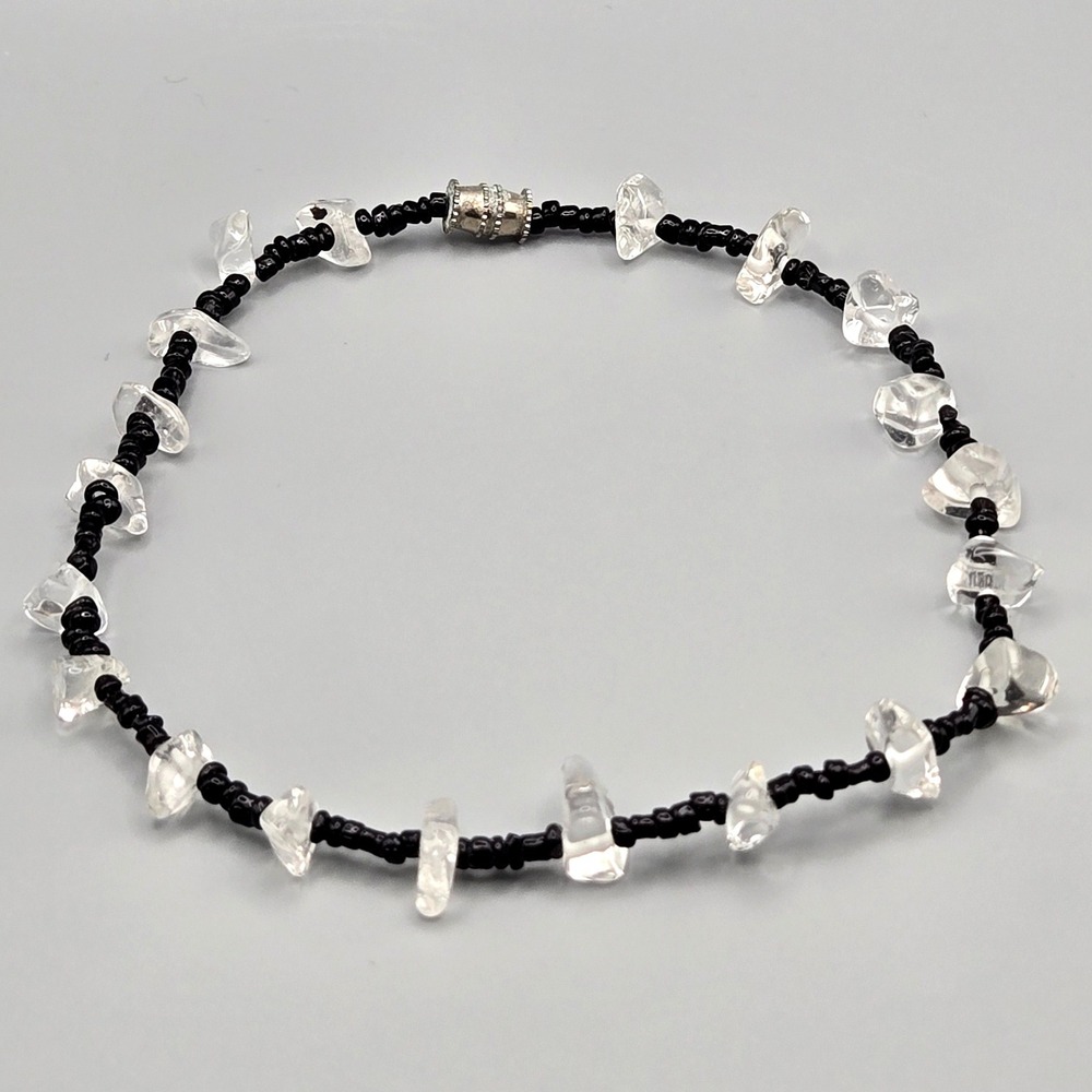 Clear Quartz Crystal Chip Black Seed Bead Anklet Silver Tone Barrel Clasp 10in